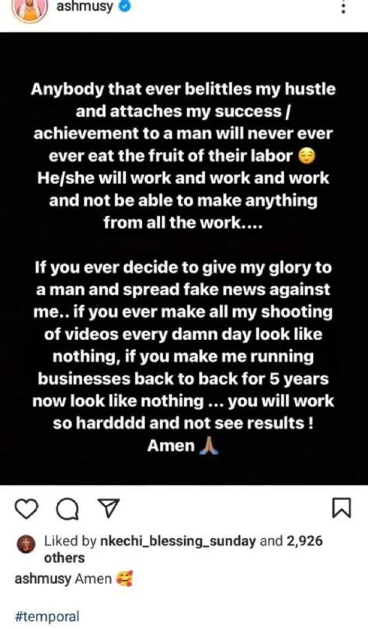 
Skit maker, Ashmusy lays curse on those who ascribe her success to men 